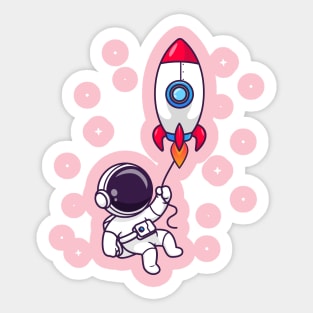 Cute Astronaut Flying With Rocket In Space Cartoon Sticker